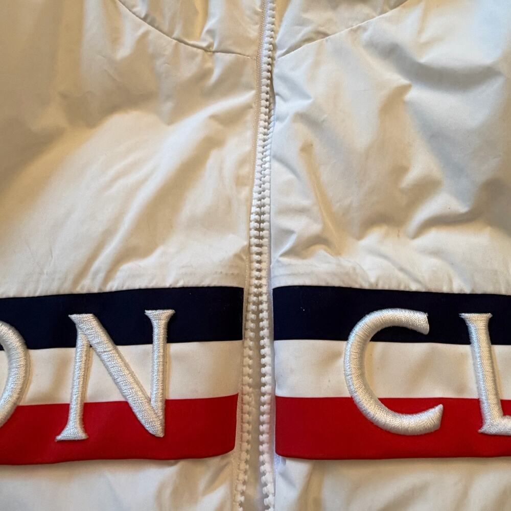 Moncler Olargues Giubbotto White Down Jacket Size 2 Men’s Hooded Logo Stripe - Picture 6 of 16